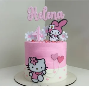 Topper de bolo com a personagem Hello Kitty, seu laço clássico e elementos de flores em camadas tridimensionais para decoração de festa infantil em arquivo digital de corte.