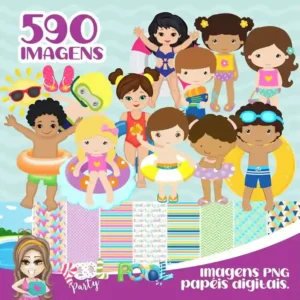Kit de arquivos digitais do tema Pool Party exibindo amostras de papéis estampados com boias e coqueiros e cliparts em formato PNG de alta definição com fundo transparente.