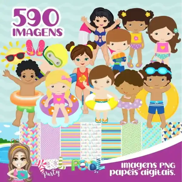 Kit de arquivos digitais do tema Pool Party exibindo amostras de papéis estampados com boias e coqueiros e cliparts em formato PNG de alta definição com fundo transparente.