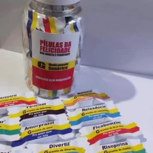 Molde de embalagem para bala personalizada imitando um frasco de remédio divertido com o rótulo pílulas da felicidade com corações e linhas de corte exatas em arquivo digital.