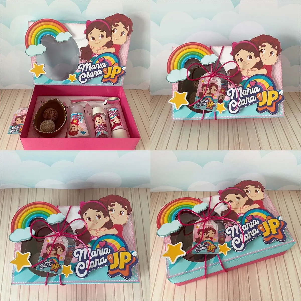 Kit digital de personalizados para caixa de Páscoa interativa no tema Maria Clara e JP nos formatos Silhouette Studio, PNG e PDF.