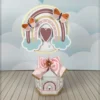 Cesta sextavada estruturada com alça superior reforçada na cor terracota, decorada com arco-íris em estilo boho e elementos da natureza em camadas tridimensionais em arquivo digital de corte.
