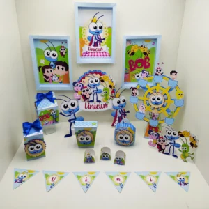 Segundo modelo de gabarito digital para centro de mesa infantil com estampa da turma do Bob Zoom, exibindo as linhas de marcação para dobras, encaixes e recortes limpos.