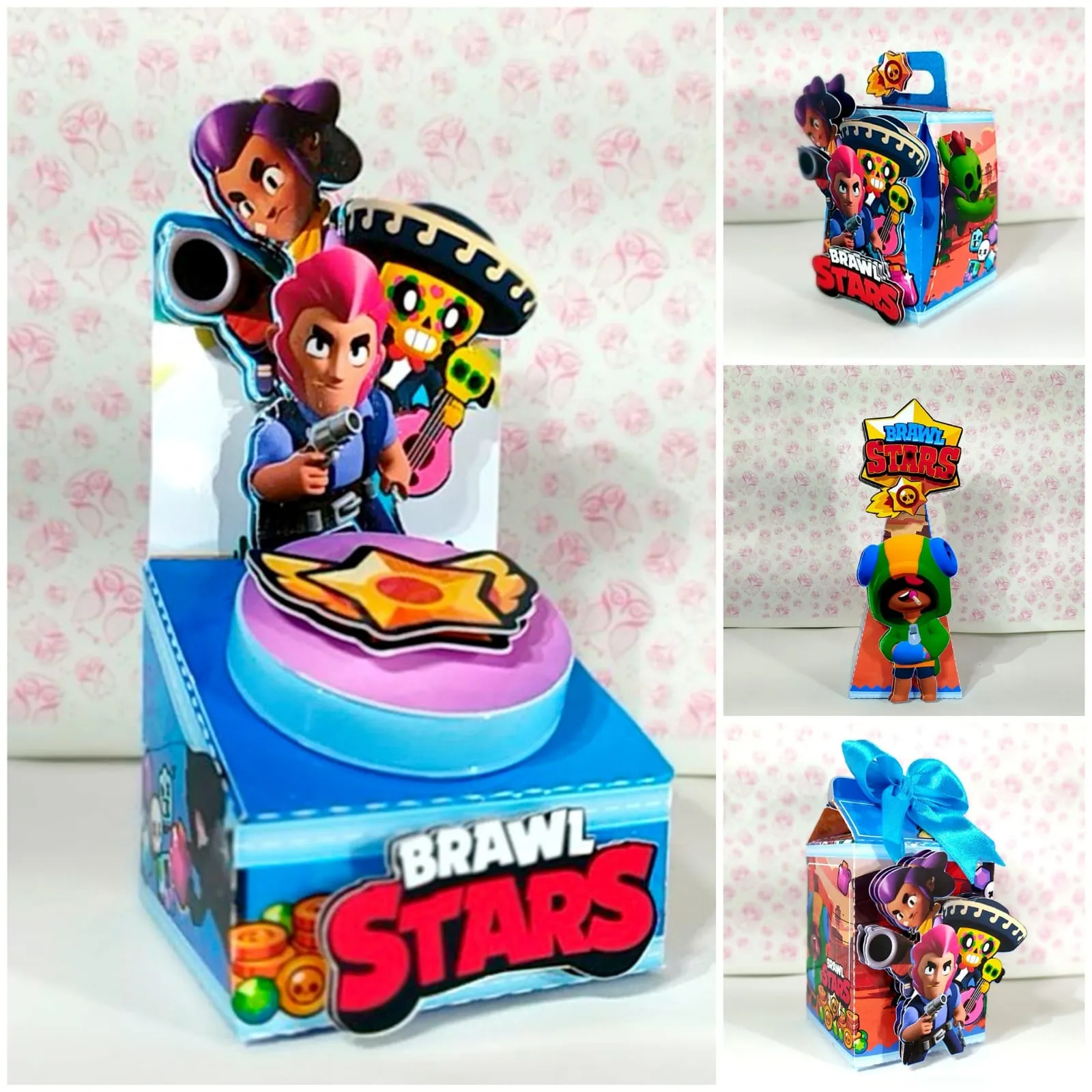 Cachepô e suporte de balão decorativo com elementos e caveiras do Brawl Stars para decoração de festa gamer.