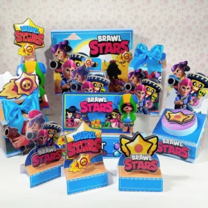 Centro de mesa estruturado com os personagens do jogo Brawl Stars e logotipo em camadas para decoração de festa infantil em arquivo digital de corte.