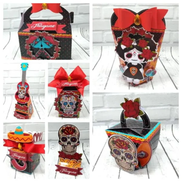 Molde digital de centro de mesa no tema caveira mexicana em formato Studio e PDF, apresentando traços detalhados de flores e ornamentos tradicionais para recorte.