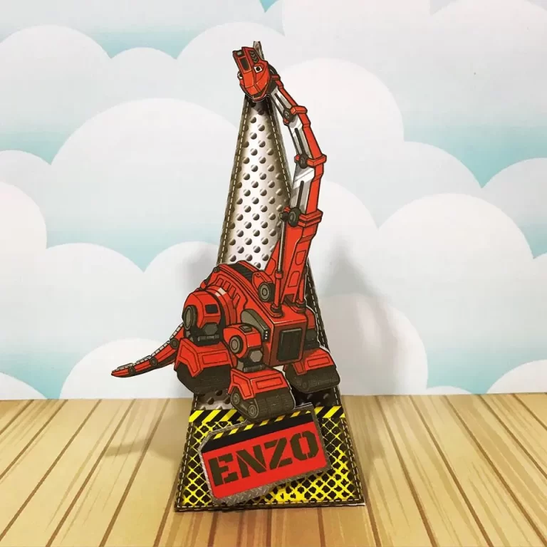 Kit digital de personalizados para centro de mesa no tema Dinotrux nos formatos Silhouette Studio, PNG e PDF.Lembrancinhas infantis de dinossauros e caminhões: molde de centro de mesa pronto para usar no Studio, tesoura ou celular.