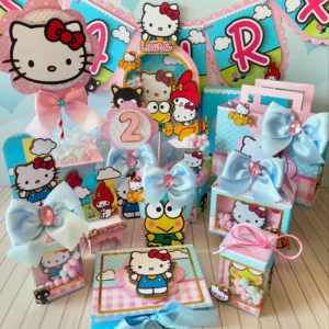 Centro de mesa estruturado em formato de cachepô com a personagem Hello Kitty e elementos florais em camadas para decoração de festa infantil em arquivo digital de corte.
