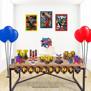 Centro de mesa estruturado com os símbolos do Batman, Superman e Flash para decoração de festa infantil da Liga da Justiça em arquivo digital de corte.