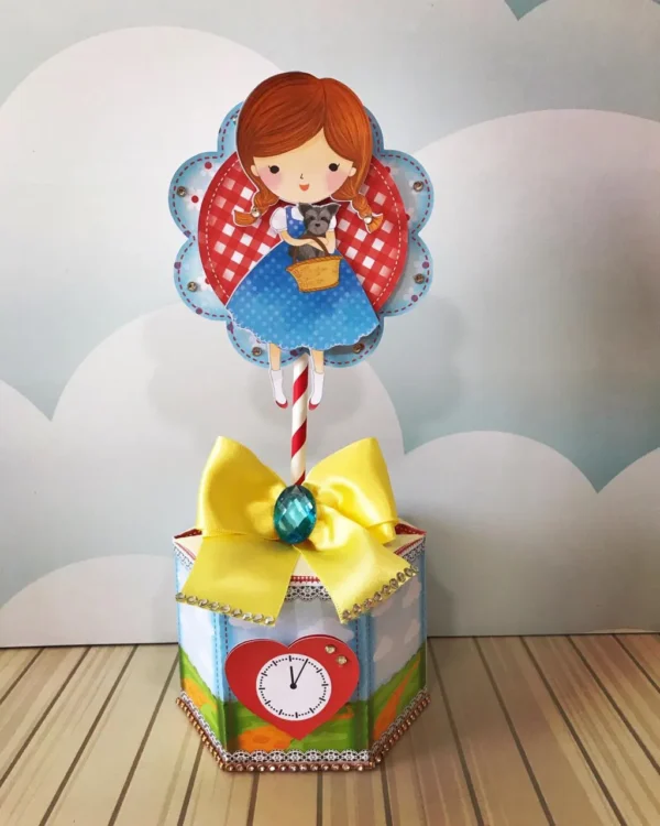 Maquete digital de cachepôs personalizados e elementos decorativos de mesa infantil do tema Mágico de Oz com linhas de vinco prontas para montagem.