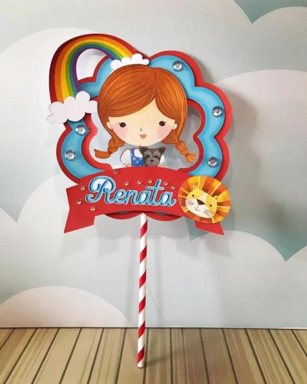 Molde de corte para centro de mesa de aniversário infantil com silhueta da estrada de tijolos amarelos e arco-íris em formatos Studio, PNG e PDF.
