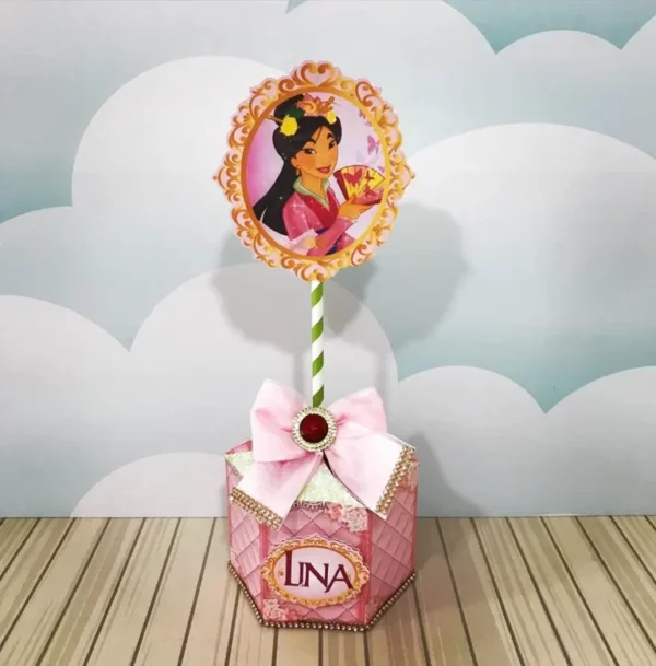 Centro de mesa para decoração de festa infantil tema Mulan em arquivo digital de corte.