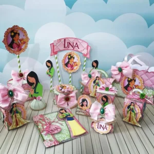 Centro de mesa e topper para decoração de festas com o tema Mulan em Studio e PDF.