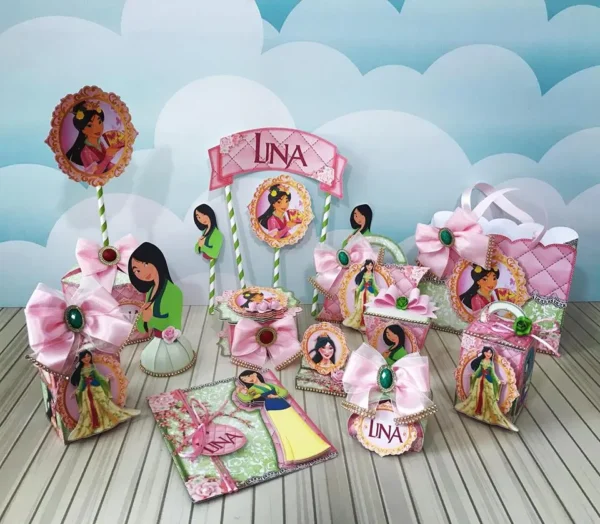 Centro de mesa e topper para decoração de festas com o tema Mulan em Studio e PDF.