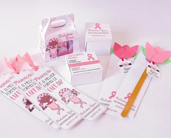 Base redonda estruturada na cor rosa com um suporte central que sustenta um grande topper com o laço da campanha e a frase "Se cuide" em camadas tridimensionais em arquivo digital de corte.