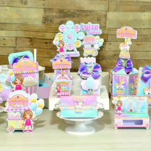 Lembrancinha de mesa infantil de parque de diversões pronta para impressão em Studio e PDF.