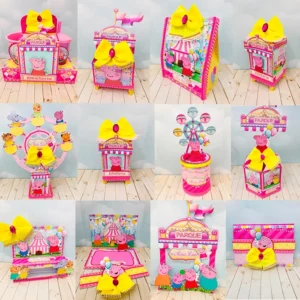 Kit digital de personalizados para centro de mesa no tema Peppa Pig nos formatos Silhouette Studio e PDF.