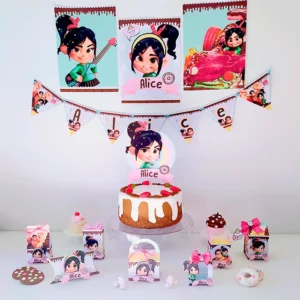 Centro de mesa estruturado com a Vanellope do Detona Ralph para decoração de festas em formato Studio e PDF.