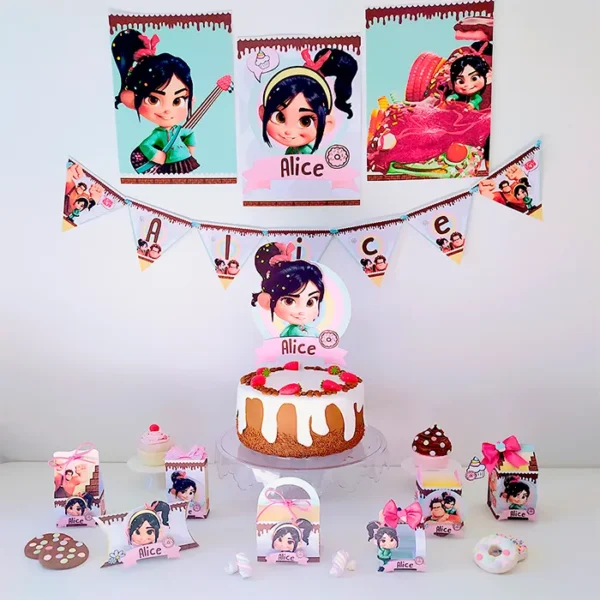 Centro de mesa estruturado com a Vanellope do Detona Ralph para decoração de festas em formato Studio e PDF.