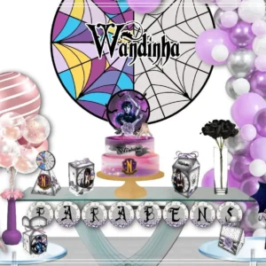 Centro de mesa estruturado em formato de cachepô com a personagem Wandinha Addams e a Mãozinha em camadas para decoração de festa em arquivo digital de corte.