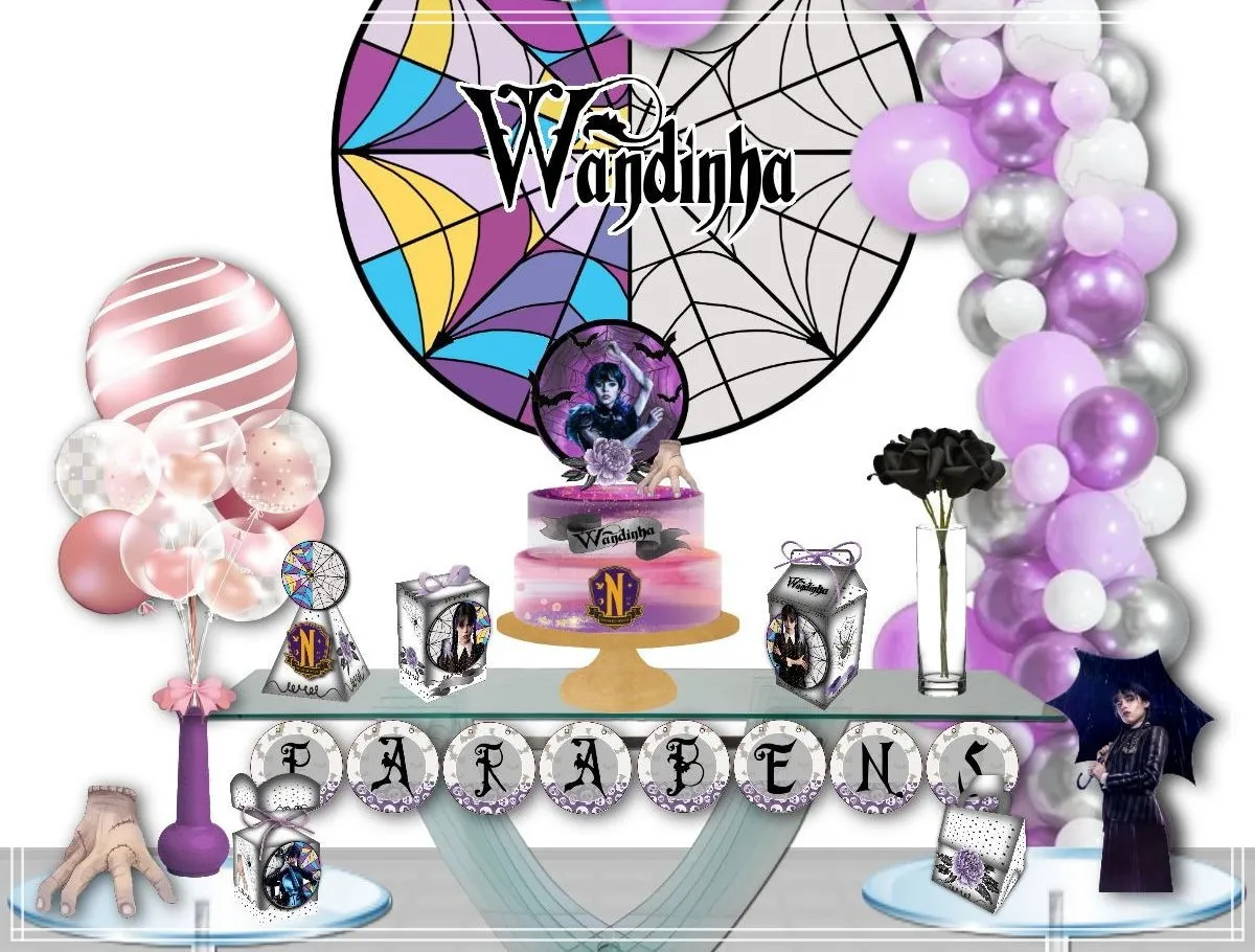 Centro de mesa estruturado em formato de cachepô com a personagem Wandinha Addams e a Mãozinha em camadas para decoração de festa em arquivo digital de corte.
