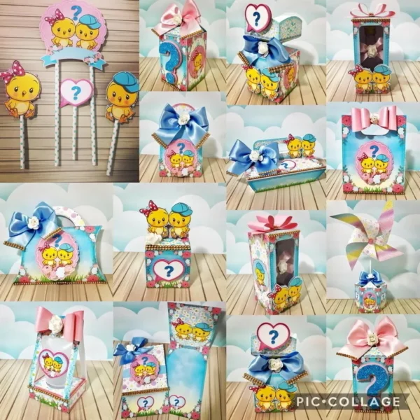 Kit digital de personalizados para Chá de Revelação no tema Pintinho Amarelinho configurado no Silhouette Studio.