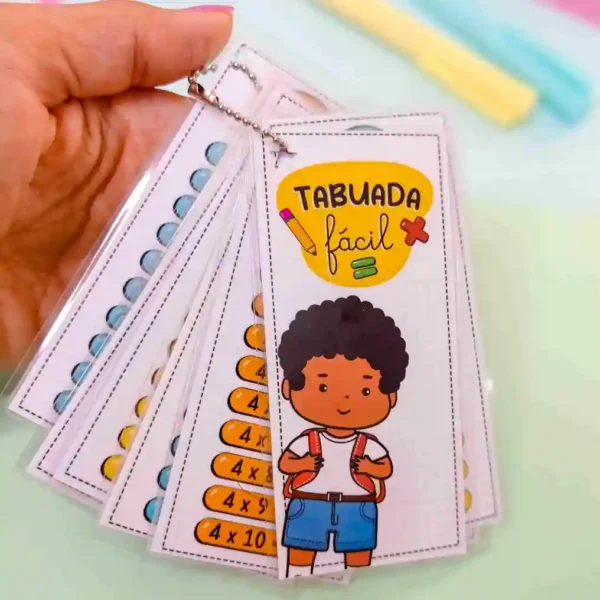 Fichas de tabuada ilustradas prontas para impressão e furação, exibidas na tela do computador com design voltado para educação infantil e matemática.