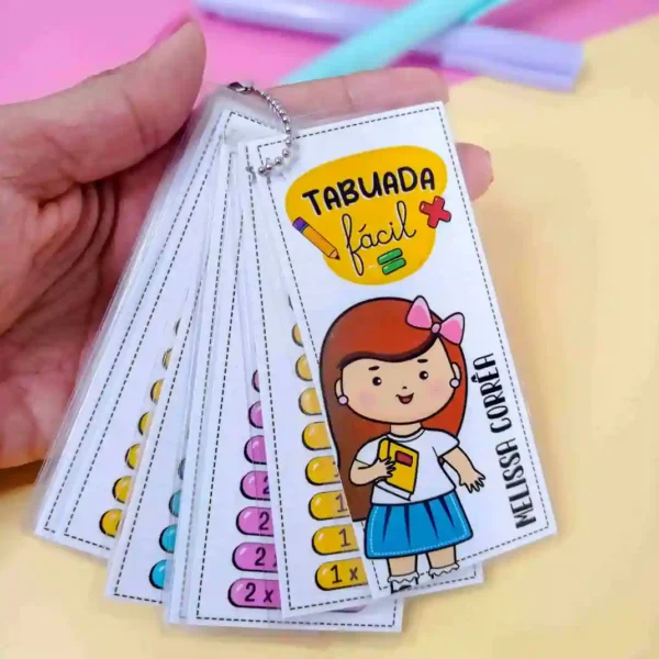 Arquivo digital de chaveiro de tabuada para alunos para imprimir nos formatos PNG e PDF, exibindo fichas coloridas e ilustradas com operações matemáticas organizadas de um a dez.