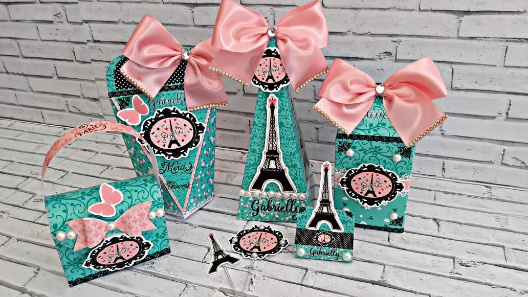 Elementos decorativos com a Torre Eiffel e silhuetas delicadas para decoração de aniversário simples tema Paris em arquivo digital de corte.