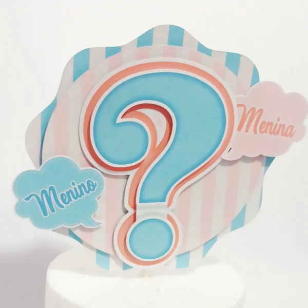 Kit de personalizados e topper de bolo com interrogações em azul e rosa para decoração de festa chá revelação em arquivo digital.