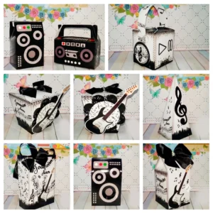 Topper de bolo e elementos musicais com notas, claves de sol e fones de ouvido em camadas tridimensionais para decoração de festa temática de música em arquivo digital de corte para Silhouette.