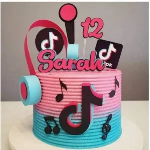 Topper de bolo com a logo clássica do TikTok com efeito neon azul e rosa, notas musicais flutuantes e fones de ouvido em camadas tridimensionais para decoração de festa em arquivo digital de corte.