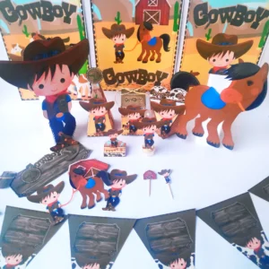 Kit de personalizados e topper de bolo com chapéu, bota e cacto para decoração de festa infantil tema Cowboy em arquivo digital de corte.
