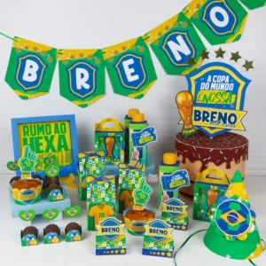 Moldes digitais em alta resolução do tema futebol brasileiro para papelaria personalizada e decoração de mesa verde e amarela.