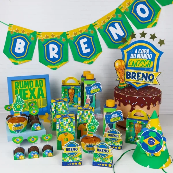 Moldes digitais em alta resolução do tema futebol brasileiro para papelaria personalizada e decoração de mesa verde e amarela.