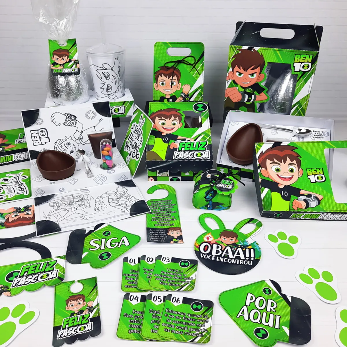 Moldes de caixas e embalagens decoradas de Páscoa do Ben 10 nos formatos Studio e PDF.
