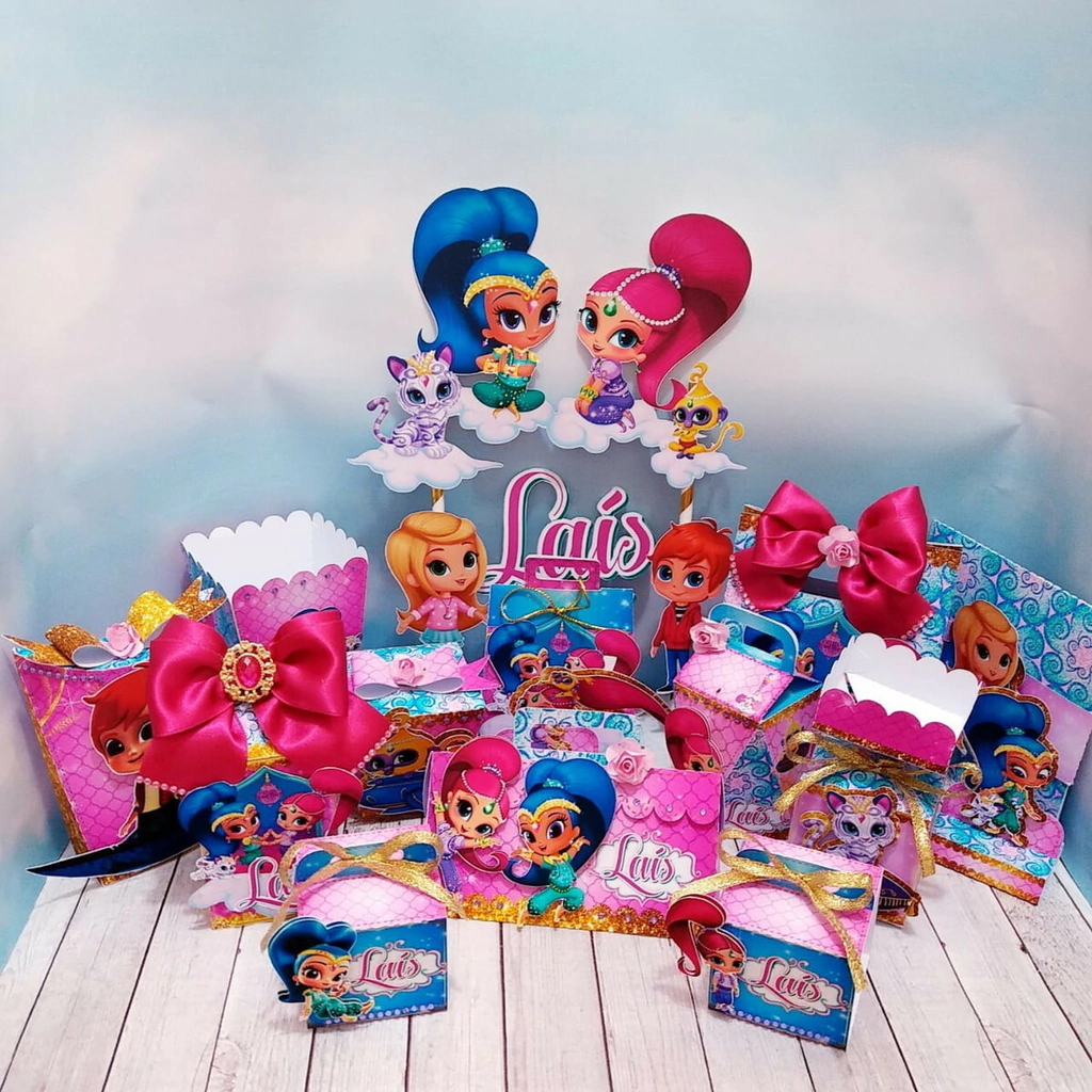 Kit digital de personalizados para decoração de festa no tema Shimmer e Shine nos formatos Silhouette Studio e PDF.