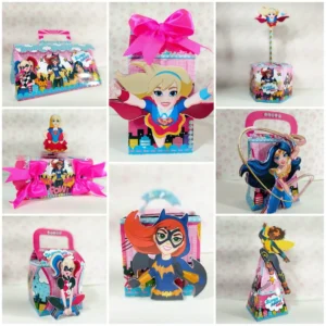 Kit de personalizados e topper de bolo com as heroínas da DC para decoração de festa infantil em arquivo digital.
