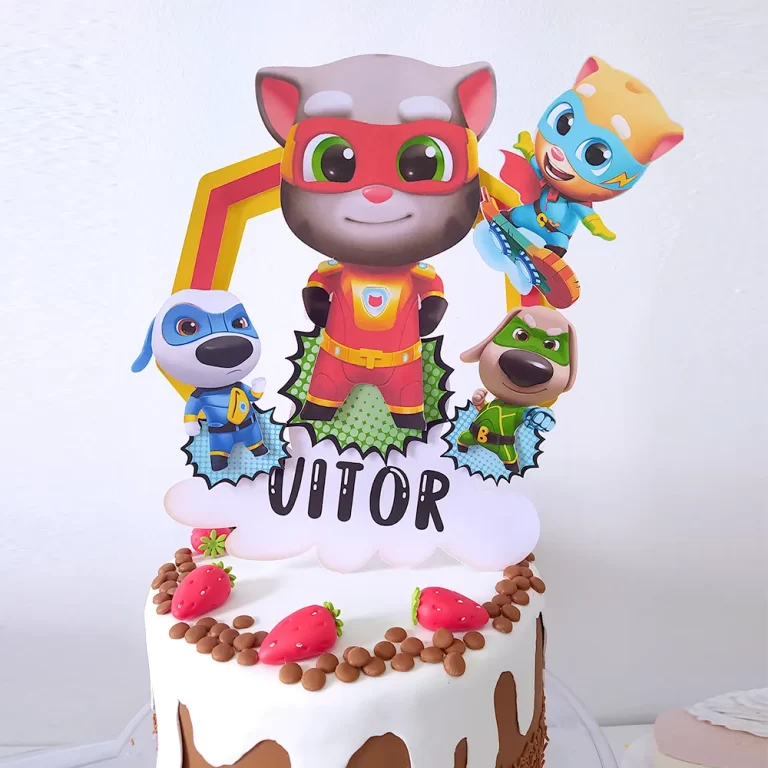 Topper de bolo personalizado Talking Tom e sua turma para decoração de aniversário.