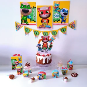Elementos de decoração Talking Tom and Friends para personalização de festas infantis.