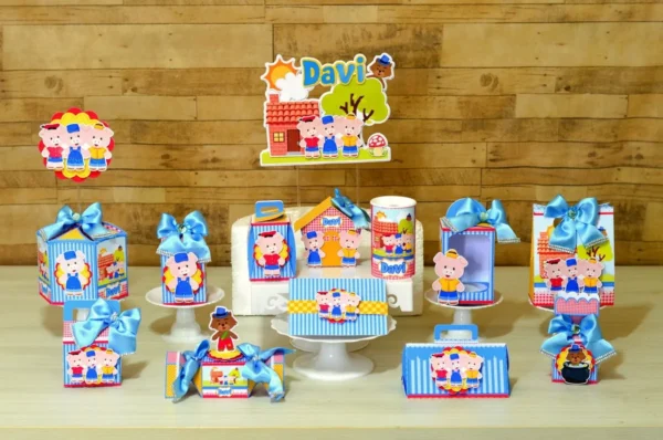 Kit digital de personalizados infantis para decoração no tema Os Três Porquinhos em Studio e PDF.