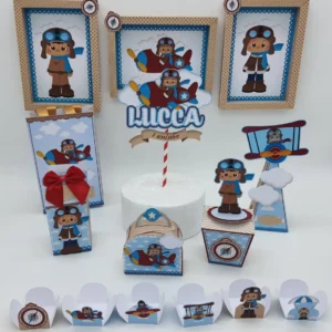 Kit digital de personalizados infantis para decoração no tema Aviador nos formatos Silhouette Studio e PDF.