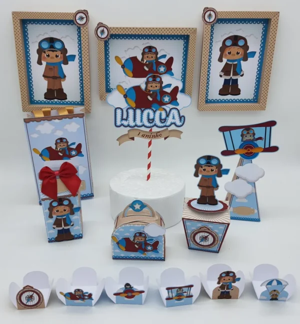 Kit digital de personalizados infantis para decoração no tema Aviador nos formatos Silhouette Studio e PDF.