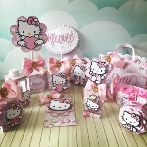 Topper de bolo com a Hello Kitty em camadas tridimensionais com flores e corações coloridos para decoração de festas.