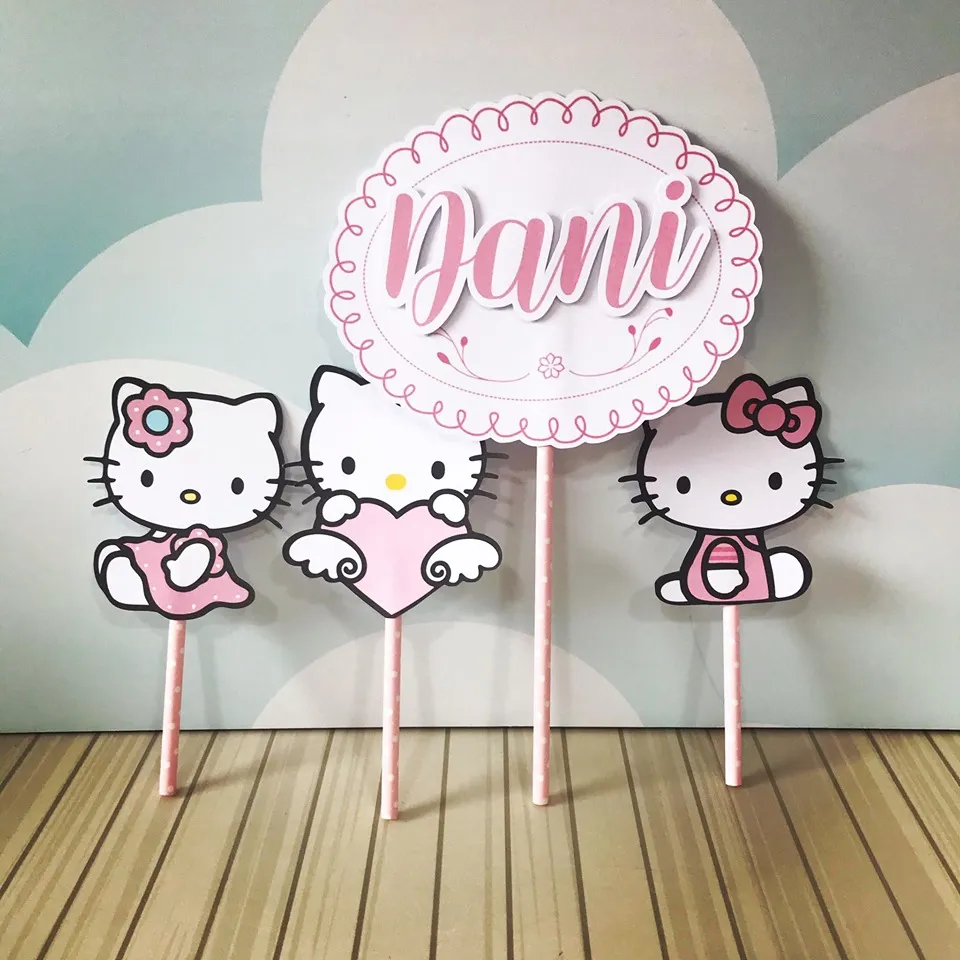 Kit de personalizados e topper de bolo com a personagem Hello Kitty e laços vermelhos para decoração de festa infantil em arquivo digital de corte.