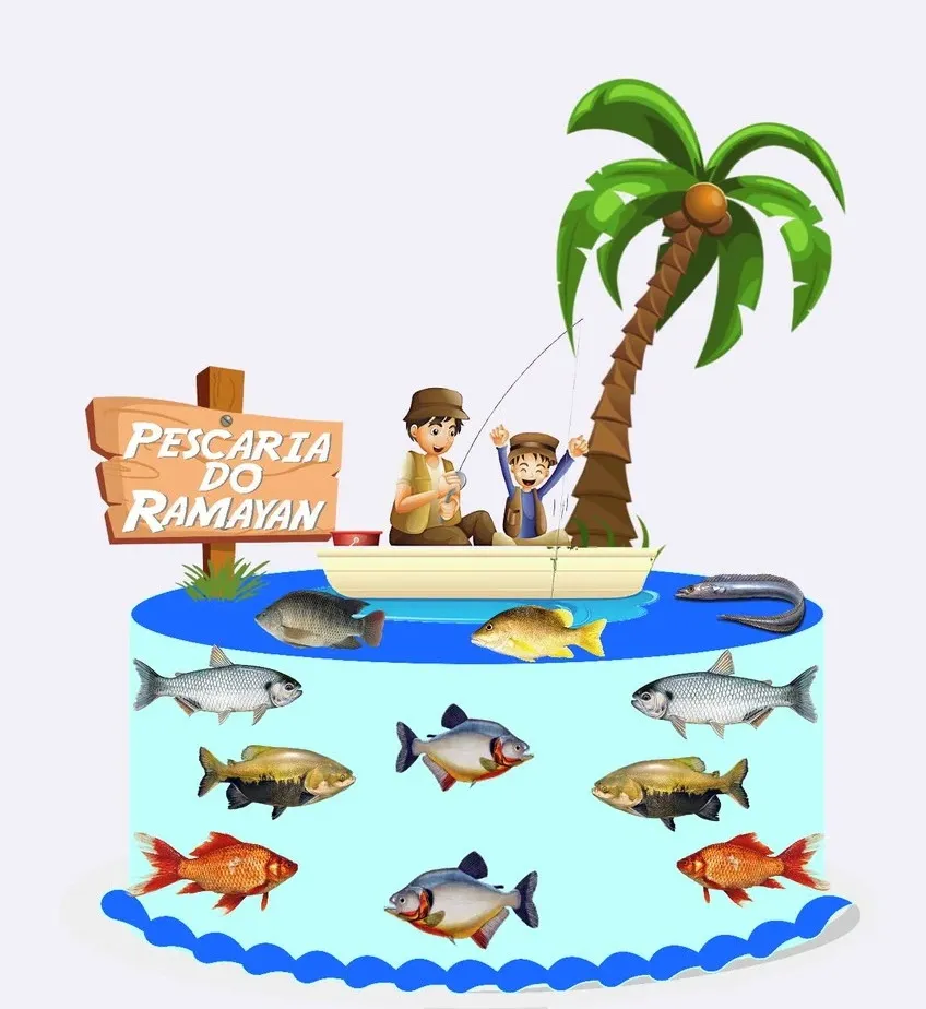 Topper de bolo com um pescador em um barco de madeira, um peixe grande saltando da água fisgado pelo anzol, vegetação de rio e varas de pesca em camadas tridimensionais para decoração de festa em arquivo digital de corte.