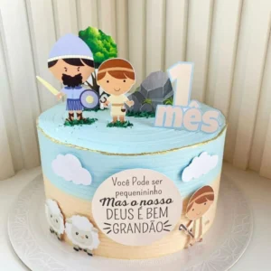 Topo de bolo personalizado com o tema bíblico Davi e Golias em camadas de papel para decoração de festas.