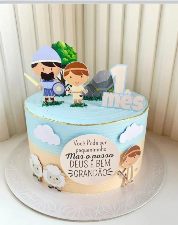 Topo de bolo personalizado com o tema bíblico Davi e Golias em camadas de papel para decoração de festas.