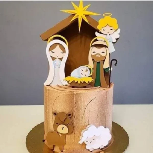 Gabarito digital de topo de bolo temático do nascimento de Jesus com figuras texturizadas da Sagrada Família, Reis Magos e a estrela guia, exibindo linhas de marcação para camadas em 3D e contornos em arquivo digital de corte.