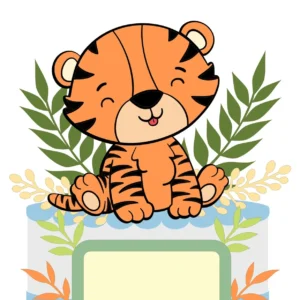 Arquivo de corte digital de topo de bolo no tema de pequeno tigre em formato Studio para Silhouette, mostrando o filhote de tigrinho com listras pretas, folhagens tropicais e letras personalizadas prontas para o recorte em camadas tridimensionais.